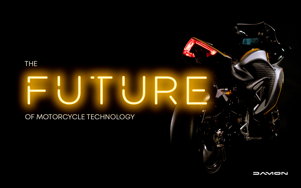 Futuristic image showing a black motorcycle with neon text lights on a side