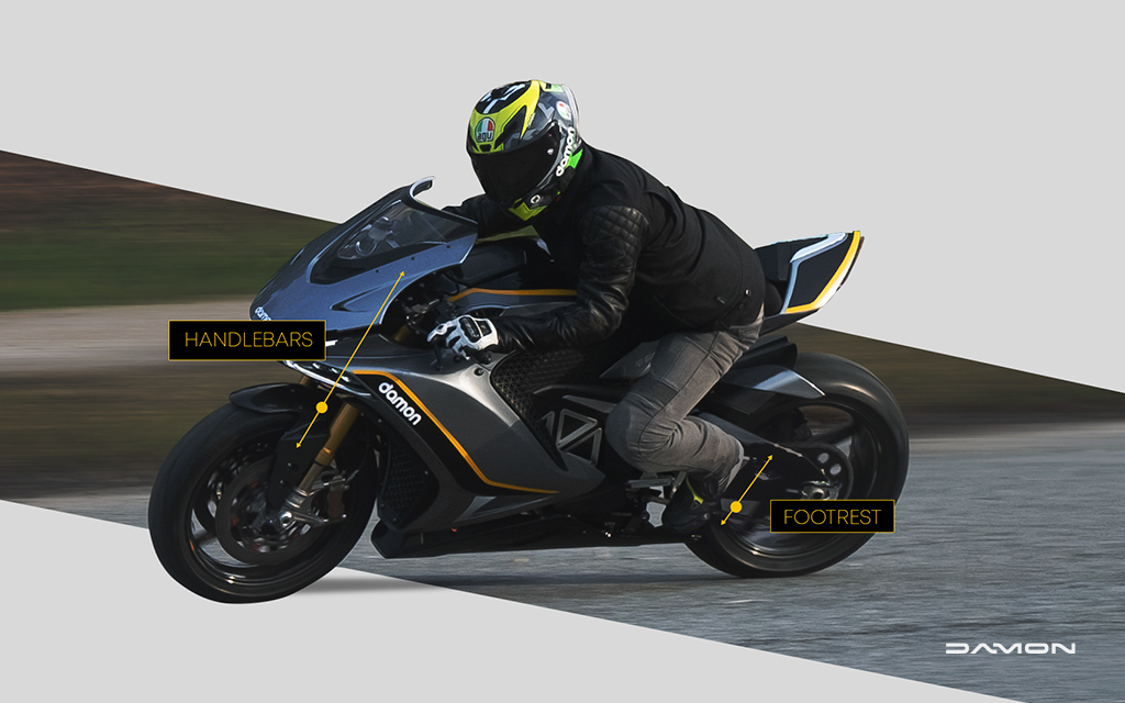 Motorcycle rider ridding a Gold HyperSport HS in high speed showing the Damon shift