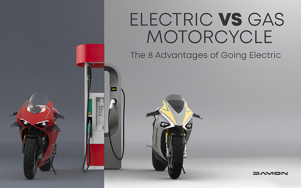 Comparison between a gas motorcycle at a gas station and a Damon HyperSport electric motorcycle being charged