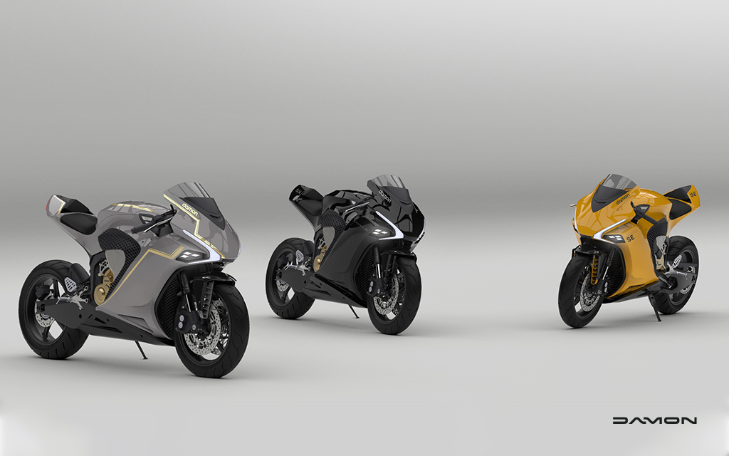 Render of the Damon HyperSport SE, SX, and gold HS with a gray background. 