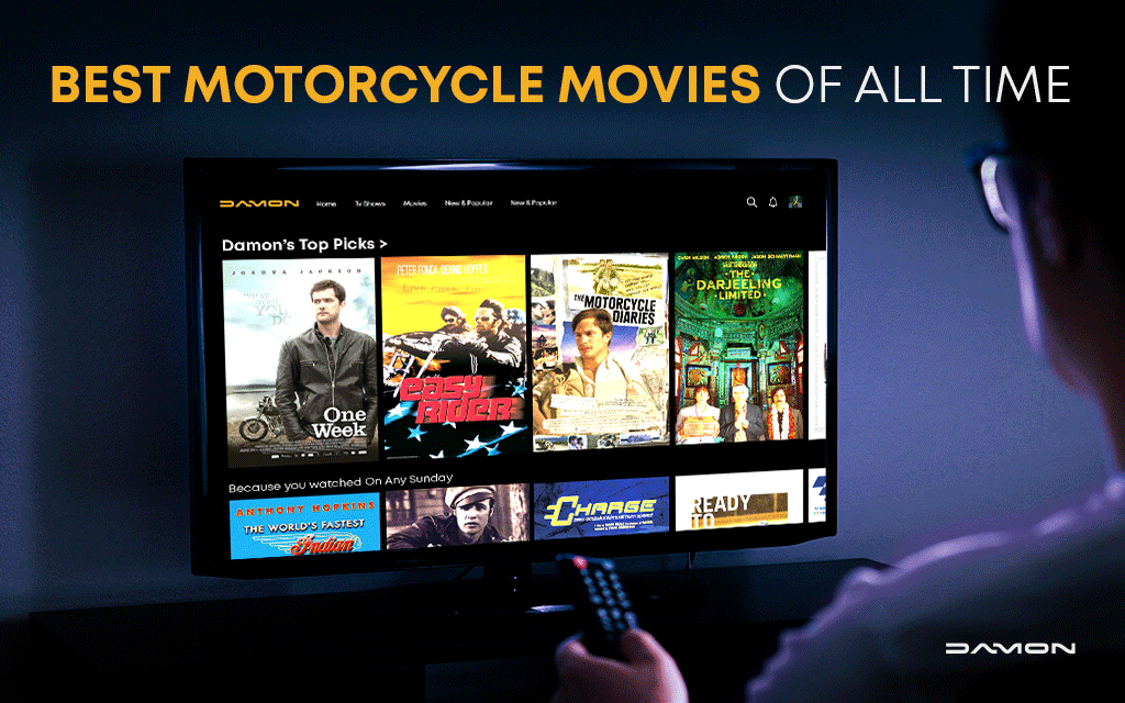 A person looking at the TV trying to chose the best motorcycle movie option from what is available in his movie platform.